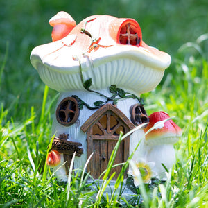 Enchanted Red & White Resin Mushroom House Solar Light, Whimsical Outdoor Garden Decor & Fairy Statue by Accent Collection