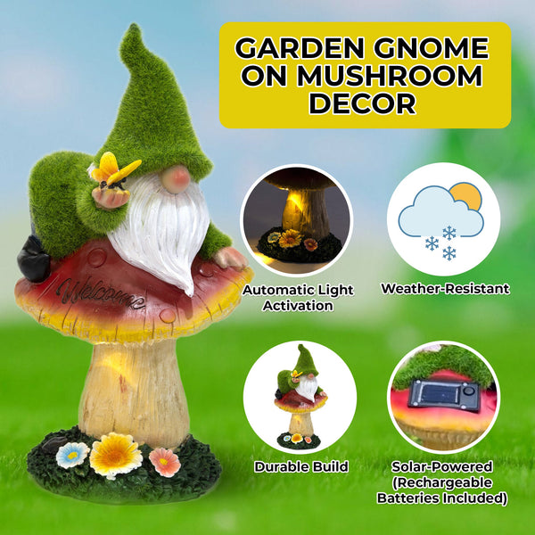 Garden Gnome on Mushroom, Solar Decor, Colorful Outdoor Ornament by Accent Collection Home Decor