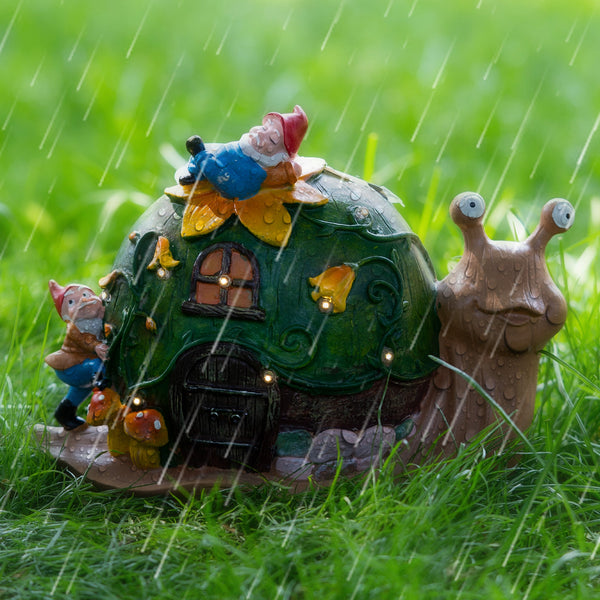 Green And Brown Resin Solar Snail House With Gnome Friends, Weather-Resistant Whimsical Garden Decor, Enchanted Solar Lights Outdoor by Accent Collection