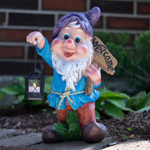 Large Garden Gnome, Candle Holder, Cute Yard Decor, Welcome Sign, Purple Hat by Accent Collection Home Decor