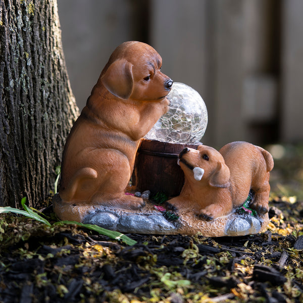 Brown Resin Solar Garden Dog Statue With 2 Playful Puppies - Perfect Gift For Dog Lovers And Gardening Enthusiasts by Accent Collection