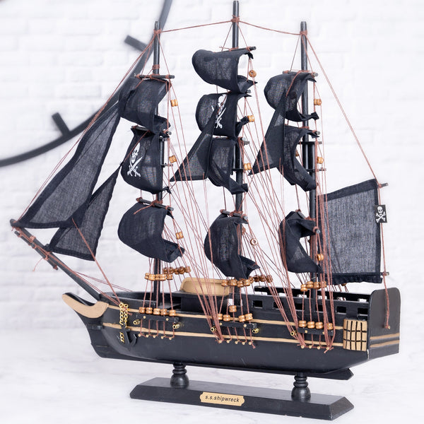 Black Wooden Pirate Ship Model With Realistic Cloth Sails - Nautical Coastal Decor For Home by Accent Collection