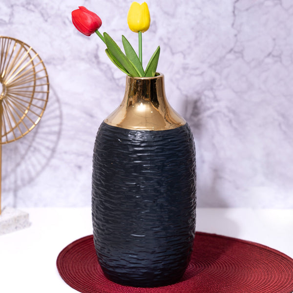 Black Ceramic Minimalist Vase With Golden Rim - Modern Bohemian Decor For Home, Perfect For Fresh And Faux Flowers by Accent Collection