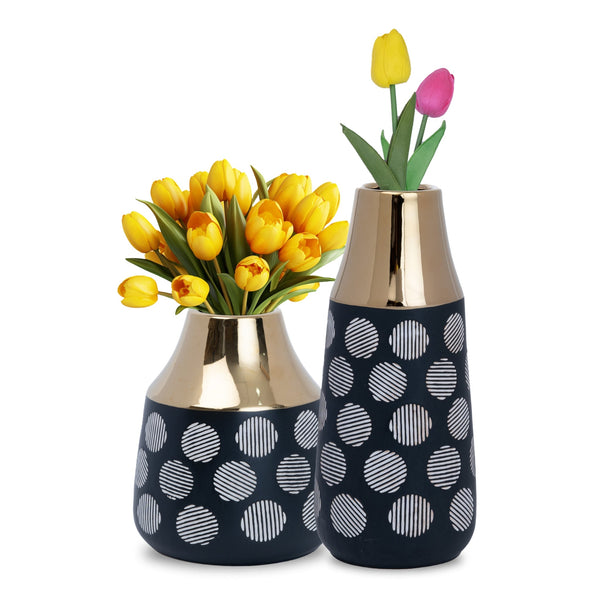 Black Ceramic Tulip Vase With White Abstract, Golden Rim - Modern Farmhouse Decor For Tables by Accent Collection