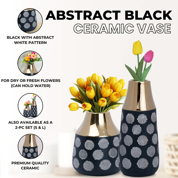 Black Ceramic Vase with Abstract Pattern and Golden Rim, Large Large by Accent Collection Home Decor
