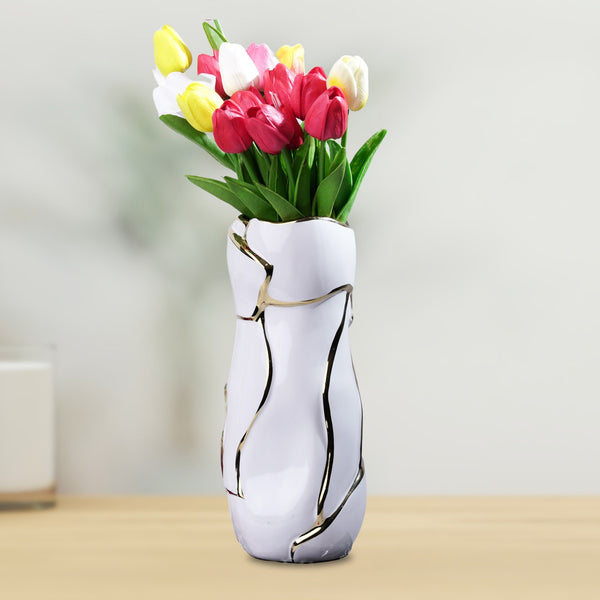 White Ceramic Vase, Fresh Flower Vase, Golden Lines, Abstract Design by Accent Collection Home Decor