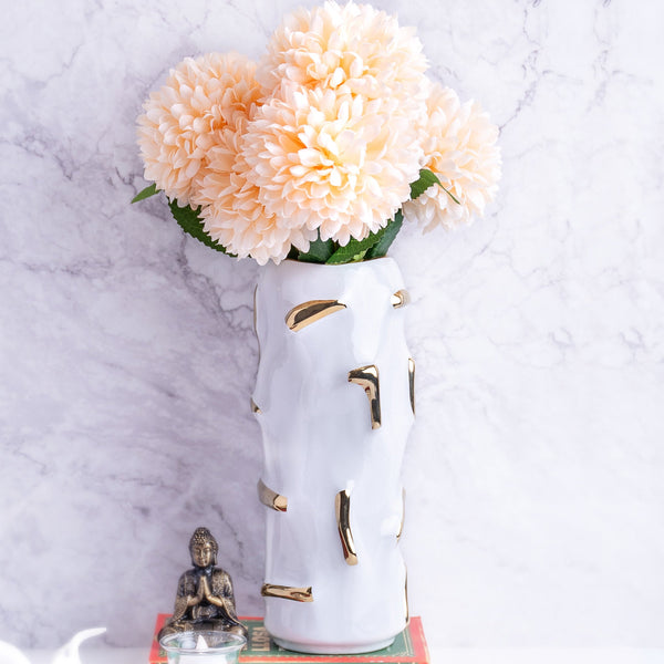 White Ceramic Vase, Fresh Flower Vase, Golden Highlights, Abstract Design by Accent Collection Home Decor