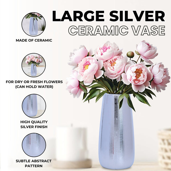Aesthetic Silver & Chrome 25CM Ceramic Vase - Abstract Bohemian Decor For Fresh, Fake, Bud & Dry Flowers by Accent Collection