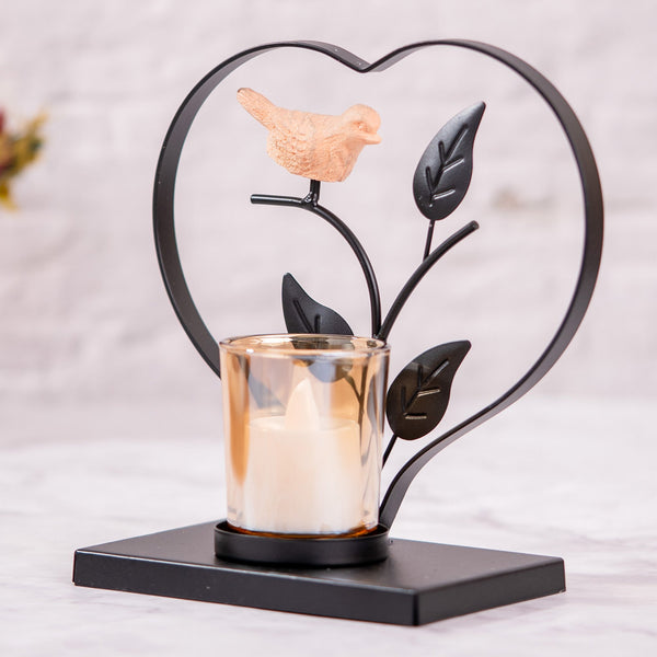 Tealight Candle Holder with Bird, Black, Table top Décor