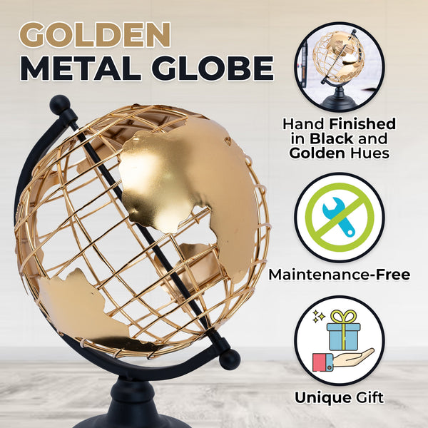 Golden metal globe world map unique gift for teens, kids, students, teachers or tabletop statue home decoration