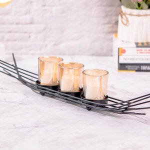 Abstract Black Metal Boat Tealight Candle Holder, 3 Glass Votives, Vintage Decor for Table, Fireplace by Accent Collection