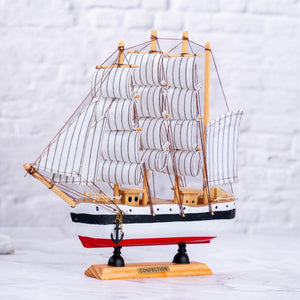 Blue Sail, White Waves Wooden Ship Model - Realistic Cloth Sails for Nautical Decor & Home Sailing Spirit by Accent Collection