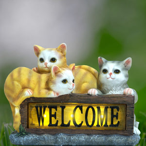 Cute Yellow Solar Cat Garden Statue With Lit Welcome Sign - Perfect For Cat Lovers & Outdoor Decor by Accent Collection