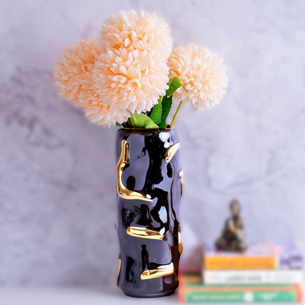 Black Ceramic Vase, Fresh Flower Vase, Golden Highlights, Abstract Design by Accent Collection Home Decor