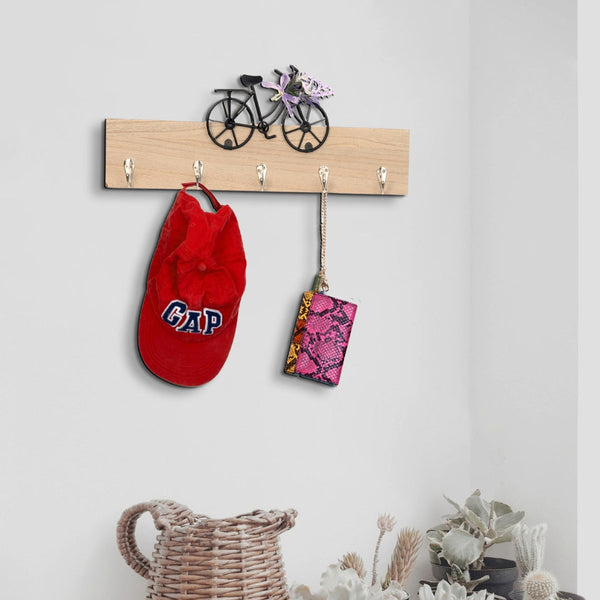 Wooden Key Holder Hanger with Cycle Design and 5 Hooks, Entrance Hallway by Accent Collection Home Decor