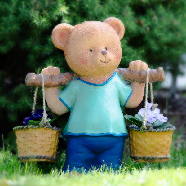 Brown Resin Cute Bear Statue With 2 Hanging Baskets, Perfect For Succulents, Outdoor Garden Or Patio Decor, Unique Fairy Garden Accessory by Accent Collection