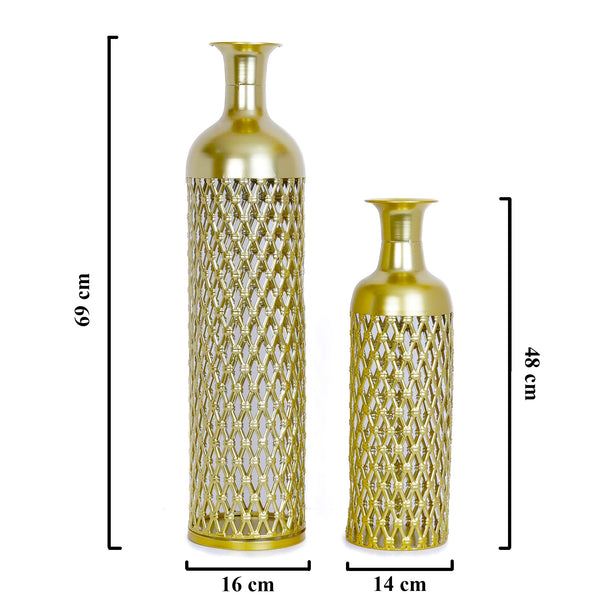 2 Pc Set of Metal Floor Vases, Mesh Design, Golden by Accent Collection Home Decor