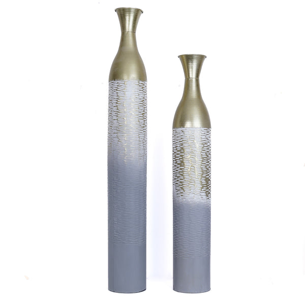 2 Pc Set of Large Metal Floor Vases, Golden and Gray by Accent Collection Home Decor