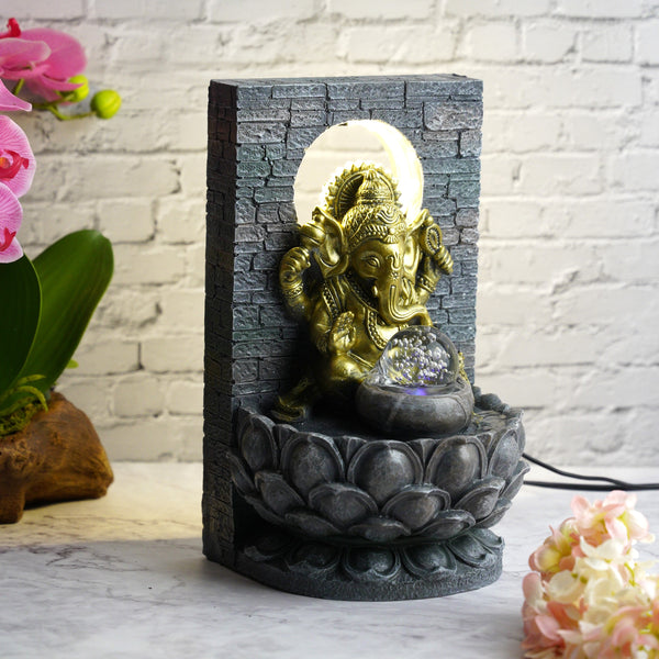 Unique Indoor Water Fountain with Ganesha Statue, Lights and Revolving Crystal Ball by Accent Collection Home Decor
