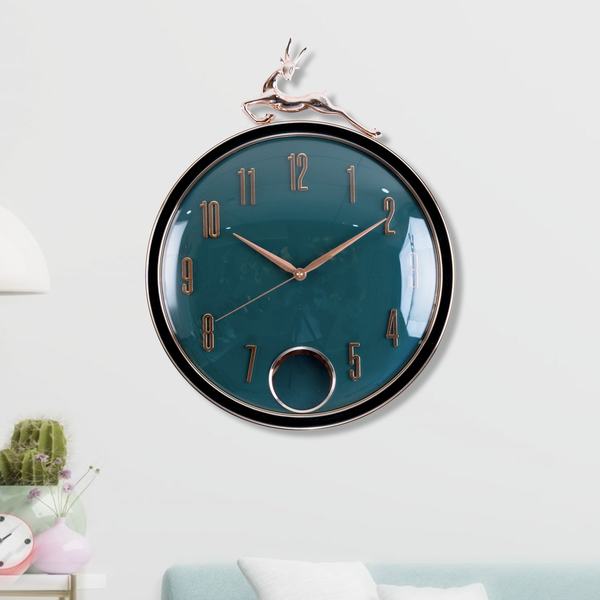 Green Pendulum Clock, Round Wall Clock, 35 cm, Silent Movement Wall Clock with Magnetic Detachable Deer, Round Wall Decor, Home Decor, Office Decor by Accent Collection