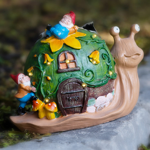 Green And Brown Resin Solar Snail House With Gnome Friends, Weather-Resistant Whimsical Garden Decor, Enchanted Solar Lights Outdoor by Accent Collection