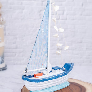 Handpainted Blue And White Wooden Sailboat, Rustic Nautical Table Decor, Vintage Ship Desk Sculpture by Accent Collection