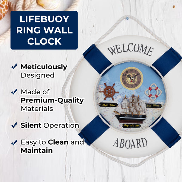 Lifebuoy Ring Wall Clock, 35 CM, Nautical Decor, Gift for Men and Women, Decor for Home, Office, Dorm, Beach House, Cottage, Silent Wall Clock