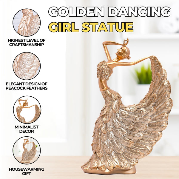 Dancing Girl Statue, Statue of Dancing Girl in Elegant Peacock Feather Dress, Golden Sculpture, Decorative Statue, Unique Housewarming Gift for Her