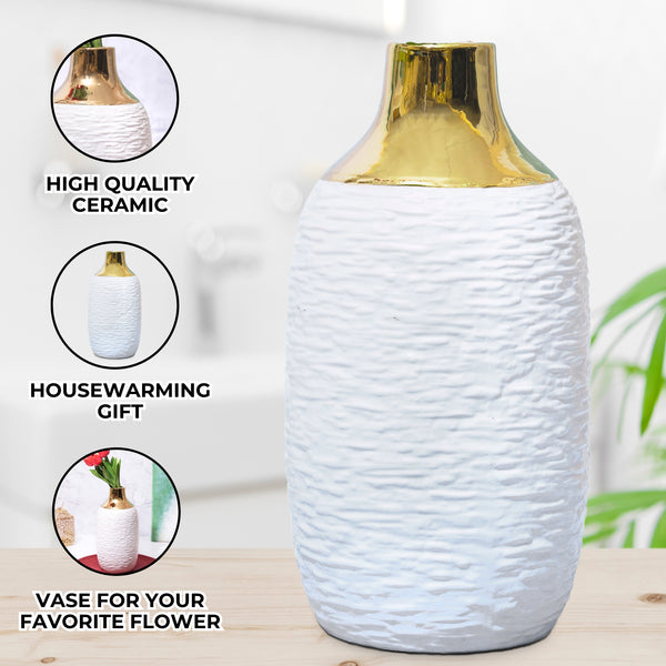 White Ceramic Vase With Golden Rim | Modern Minimalist Abstract Vase | Bohemian Entryway Decor