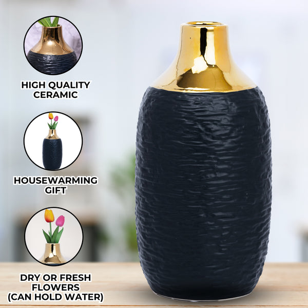 Black Ceramic Minimalist Vase With Golden Rim - Modern Bohemian Decor For Home, Perfect For Fresh And Faux Flowers