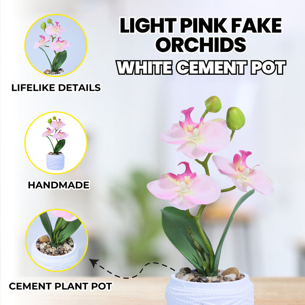 Handmade Light Pink Fake Orchids with White Cement Pot, Rustic Tabletop Decor 9in or 23cm by Accent Collection