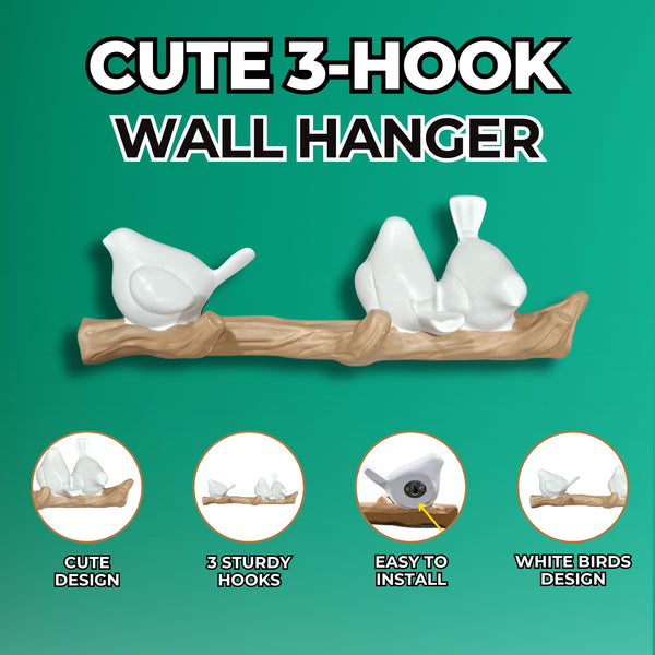 Charming 3-Hook Bird Resin Wall Hanger - Rustic Brown Branch & White Birds for Coats, Hats, Towels by Accent Collection
