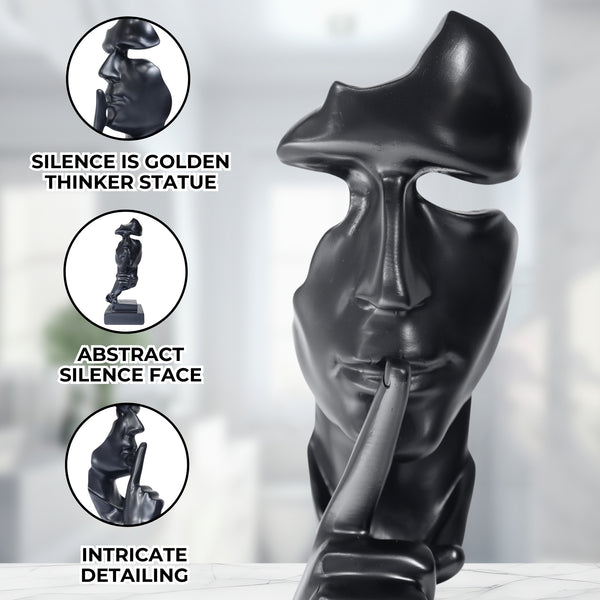 Abstract Silence is Golden, Black Silence Face Thinker Statue, Polyresin Art Decor for Home or Office 12 inch 31 cm