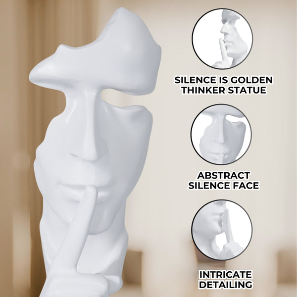 White Abstract Silence is Golden Silence Face Thinker Statue, Polyresin Artwork for Home or Office 12 inch 31 cm