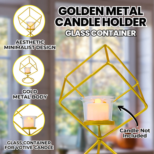 Golden Candle Holder, Metal Body, Glass Container for Votive Candle, Tabletop Decor 8 inch, 20 cm