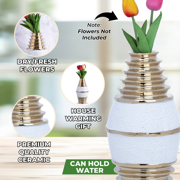 Elegant White Ceramic Tulip Vase With Golden Rims - 28 cm Modern Centerpiece For Home Decor