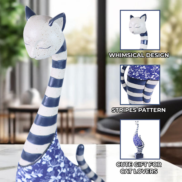 Whimsical Cat Statue Office, Home Decoration, Coffee Table Centerpiece, Made of Polyresin, Blue and White Decor 16 inch 41 cm