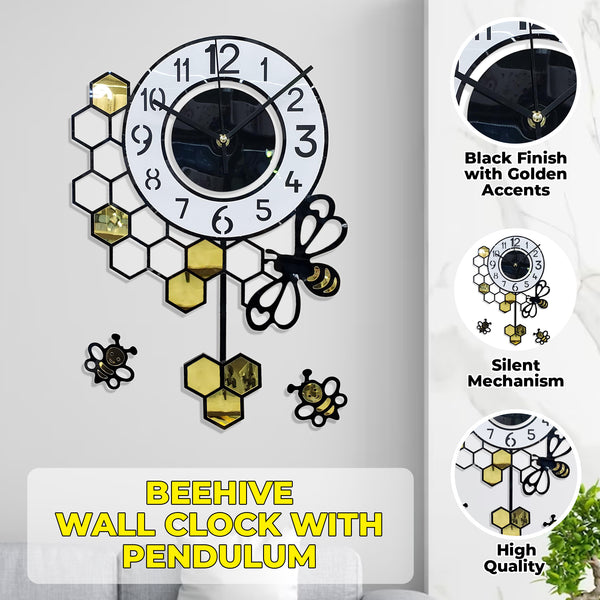 Black Honeycomb Beehive Pendulum Wall Clock - Luxury Minimalist Modern Decor