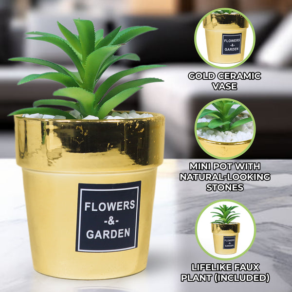 Golden Ceramic Plant Pot with Realistic Fake Plant Cactus, Home Decor, Gift for Mom 6 inch, 14 cm