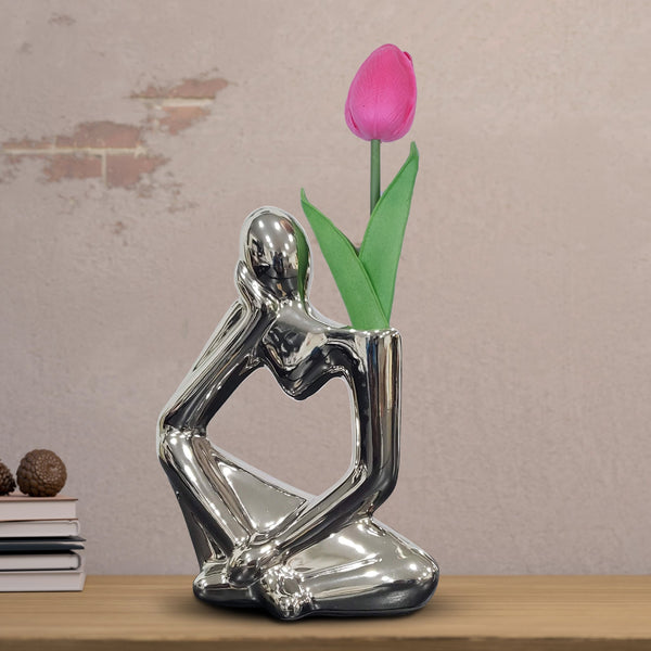 Abstract Thinking Statue with Faux Tulip, Silver Finish - Sophisticated Indoor Decor, Table Top Decor, Modern Decor, Rustic Decor