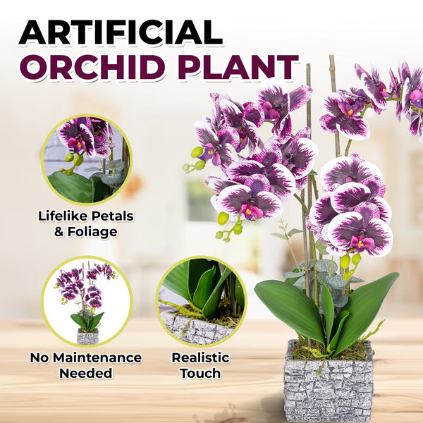 Purple Faux Orchid In Gray Brick-Like Resin Planter - Realistic Artificial Plant For Desk & Home Decor by Accent Collection