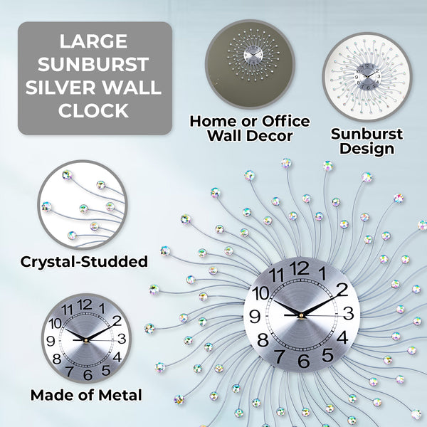 Large Wall Clock Embedded with Crystals, Silver Sunburst Starburst Metal Clock, 60 cm or 24 inch Non-Ticking Clock, Silent Mechanism, Large Analog Wall Clock, Wall Decor, Wall Accent for Home, Office