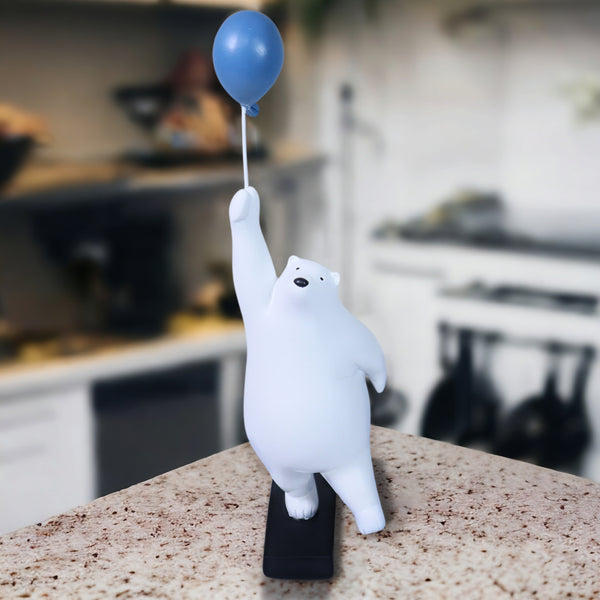 Polar Bear Sculpture Funny Animal Statue with Blue Balloon Gift for Animal Lovers Coffee Table Centerpiece 12 inch 29 cm
