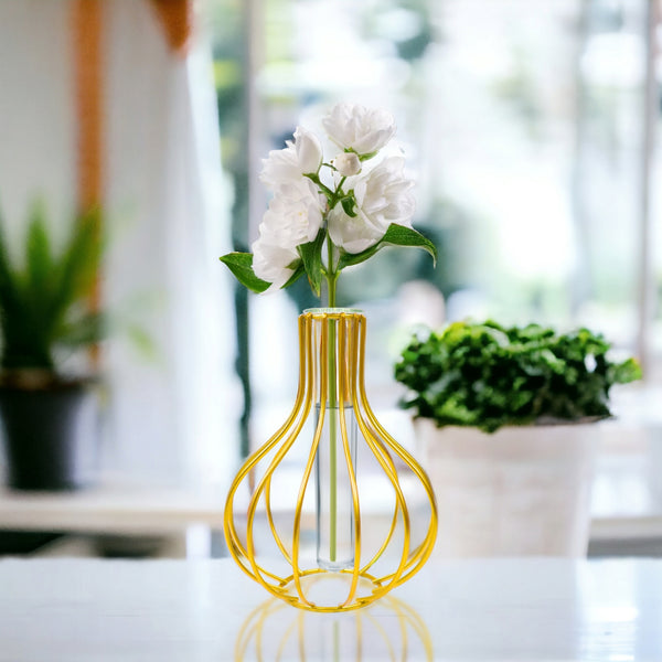 Gold Metal Hydroponic Flower Pot with Glass Propagation Tube for Living Room, Indoor Gardening 7 inch 17 cm