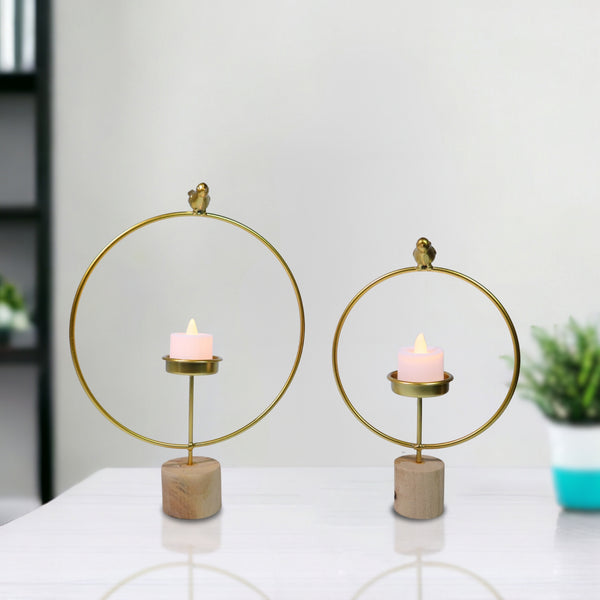 Set of 2 Large and Small Tealight Candle Holder Bird Design, Circular Gold Metal Body with Wooden Block Base, Home Decor