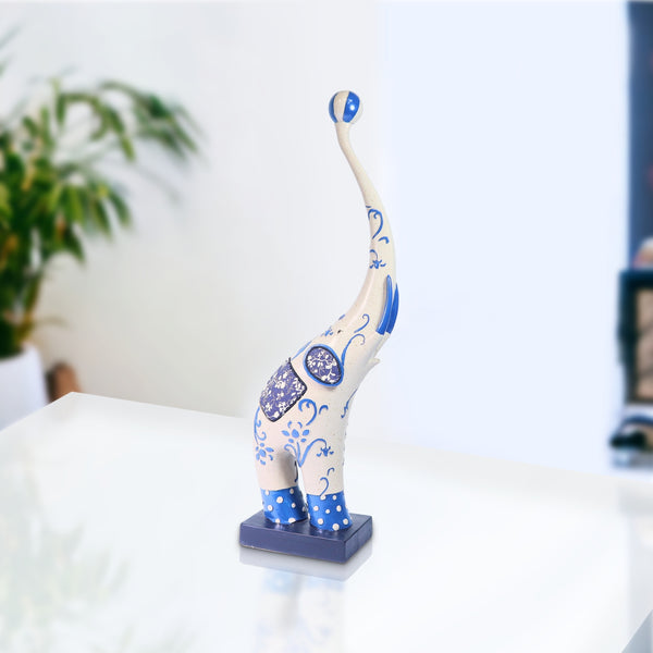 Whimsical Circus Elephant Statue Decor for Home or Office White Blue Polyresin Art Decor 16 inch 41 cm