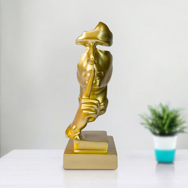 Abstract Silence is Golden, Silence Face Thinker Statue, Gold Polyresin Art Home or Office Decor 12 inch 31 cm