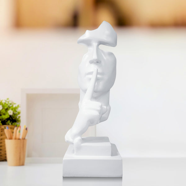 White Abstract Silence is Golden Silence Face Thinker Statue, Polyresin Artwork for Home or Office 12 inch 31 cm