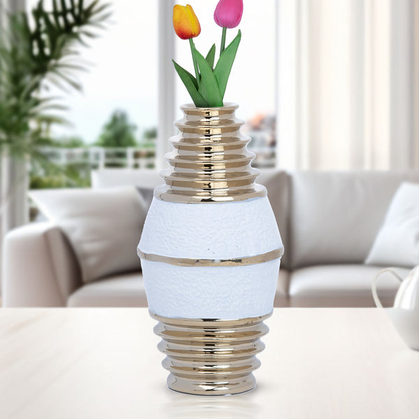Elegant White Ceramic Tulip Vase With Golden Rims - 28 cm Modern Centerpiece For Home Decor