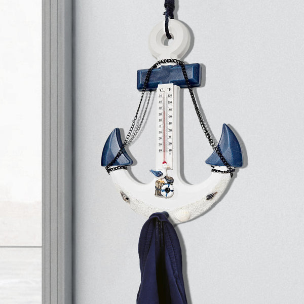 Nautical Anchor Wall Mount Coat Rack With Built-In Thermometer - Rustic Ocean Decor For Home